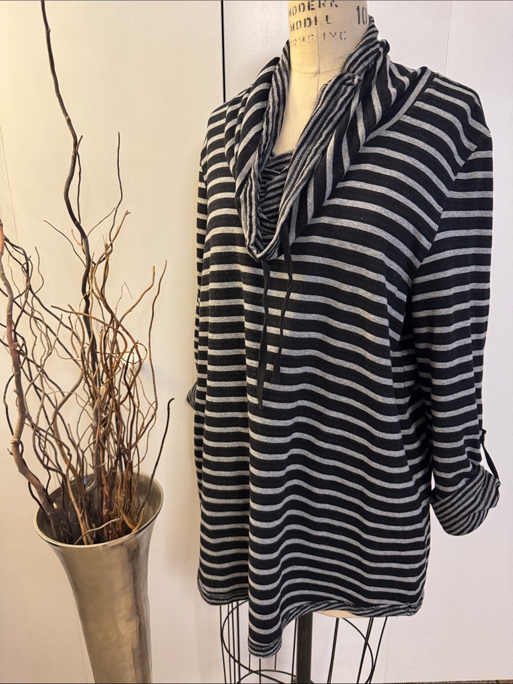 Soft Surroundings Black & Gray Striped Cowl Pullover